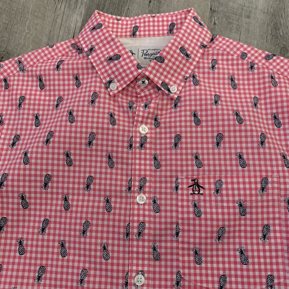 Original Penguin Shirt Mens Small Red Gingham Check Pineapple Print Short Sleeve